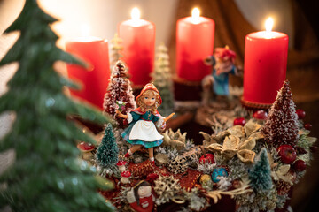 Christmas table composition. Beautiful decoration. Christmas trees, candles, stars, lights and elegant accessories. Merry Christmas and Happy Holidays, Template.