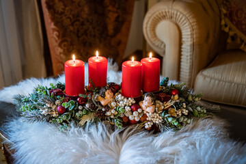 Christmas table composition. Beautiful decoration. Christmas trees, candles, stars, lights and elegant accessories. Merry Christmas and Happy Holidays, Template.