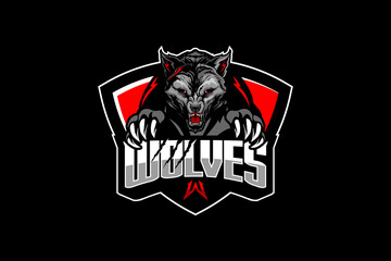aggressive wolf head cartoon character vector logo shield template