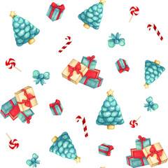 Watercolor pattern with boxes of gifts, lollipop,bow and Christmas tree. Wrapping paper