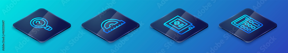 Poster set isometric line book with mathematics, unknown search, calculator and protractor grid icon. vecto