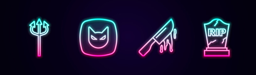 Set line Trident devil, Black cat, Bloody knife and Tombstone with RIP written. Glowing neon icon. Vector