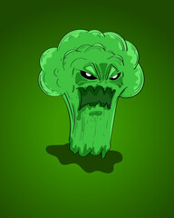 Green Broccoli madness cartoon halloween illustration