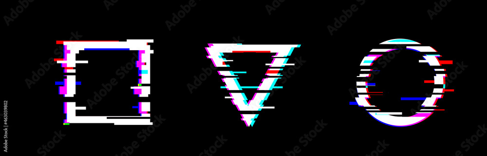 Poster geometric shapes with glitch effect. circle, square, triangle in distorted glitch style. abstract di