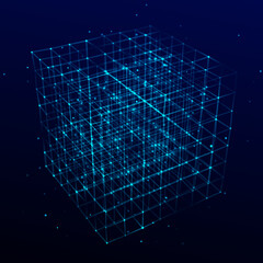 Technology block chain network connection. Big data visualization. Cyber security background. Cube, consisting of block. 3D rendering.