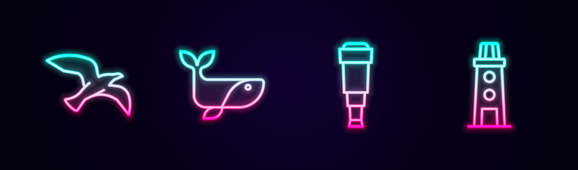 Set line Bird seagull, Whale, Spyglass telescope lens and Lighthouse. Glowing neon icon. Vector