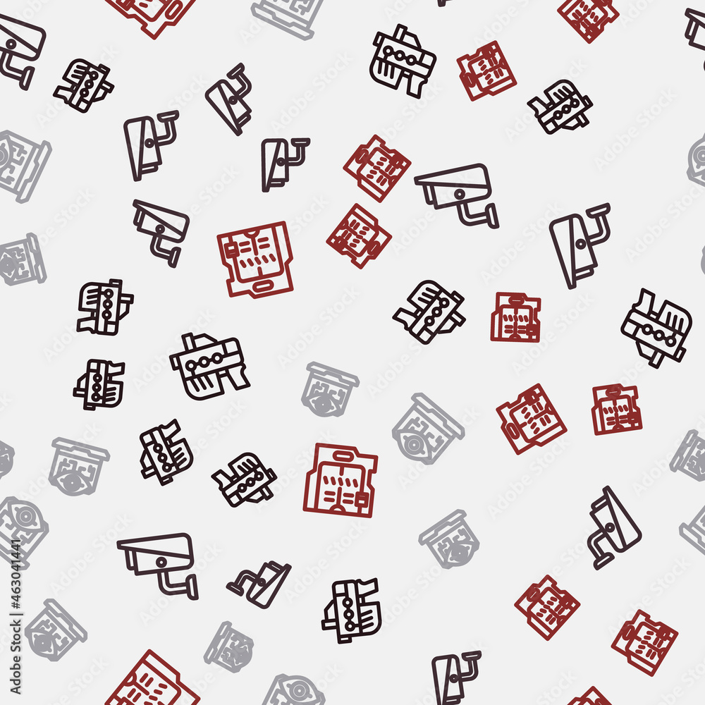 Poster set line futuristic weapon, security camera, computer vision and sliding doors on seamless pattern. 