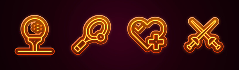 Set line Golf ball on tee, Tennis racket with, Heart rate and Fencing. Glowing neon icon. Vector