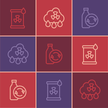 Set Line Radioactive Waste In Barrel, Recycling Plastic Bottle And Acid Rain Radioactive Cloud Icon. Vector