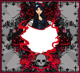 Halloween decorative frame - sexy vampire girl and ghosts