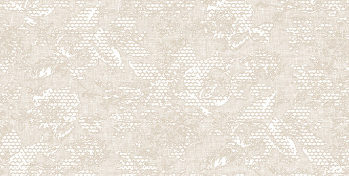 Ecru Beige Linen Texture Background printed with Flowers. Natural Seamless Pattern. Weave Fabric for Wallpaper, Cloth Packaging, curtain, duvet cover, pillow, digital print pattern design 