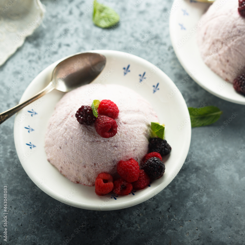 Poster Homemade cottage cheese mousse dessert with berries