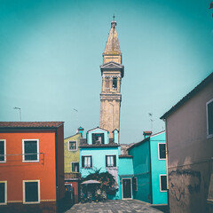 Leaning bell tower of Burano island, Venice, Italy
