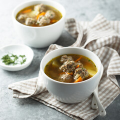 Delicious homemade soup with meatballs