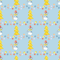 Watercolor pattern with a snowman, a Christmas tree, balloons on a blue background