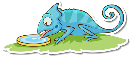 Sticker design with chameleon drinking water isolated