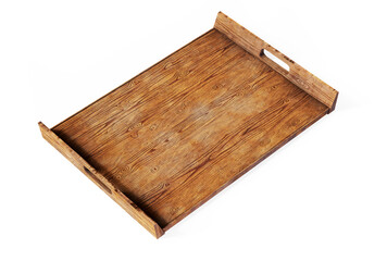 3D render of a beautiful empty wooden coffee table tray for products overlay mockup, template on background with morning sunlight. Backdrop, Earth tone, Natural, Organic, Tea break