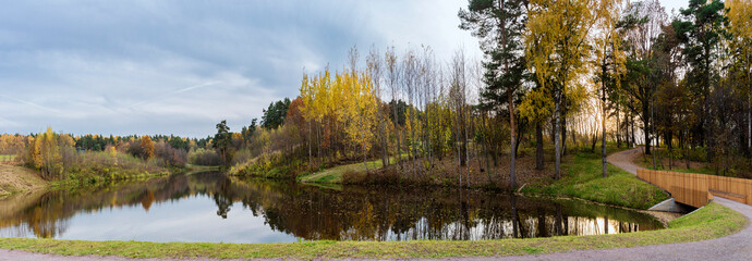 Moscow region. October 12, 2021. Golden autumn. Beautiful, panoramic view of the pond and Meshchersky park