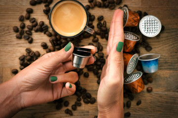 Reusable or refillable coffee capsule versus aluminum one concept to recycle