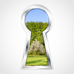View of spring landscape in abstract silver keyhole