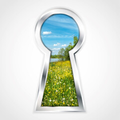 View of summer landscape in abstract silver keyhole