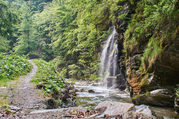 Naklejka na ściany i meble The waterfall on the river Jiet from Hunedoara, Romania in the green forest