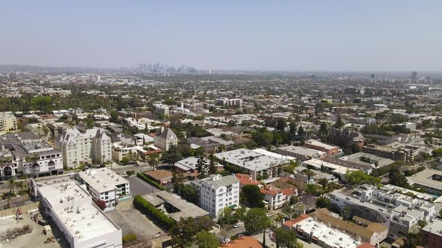 West Hollywood, Los Angeles, California USA. Aerial View of Cityscape, Buildings and Cityscape in Background, Pedestal Drone Shot