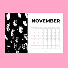Calendar for November 2022. Flat style. Week starts on Sunday. Vector