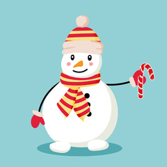 Cute cartoon snowman with Christmas candy. Blue background. Vector
