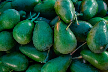 Real food background: green avocados on display at market. Close up, Veiw from above