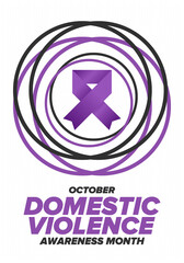 Domestic Violence Awareness Month in October. Celebrate annual in United States. Awareness purple ribbon. Day of Unity. Prevention campaign. Stop women abuse. Poster, banner and background. Vector