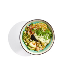 Vegan food - poke bowl with vegetables, edamame beans, soybean sprouts. Poke bowl with avocado and vegetables isolated on white background. Eat less meat. Plant - based eating.
