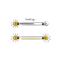 Light bulb loading bar. Two doodle bulbs at the ends of the download bar. Color concept loading from idea to implementation. Vector illustration isolated on white background.