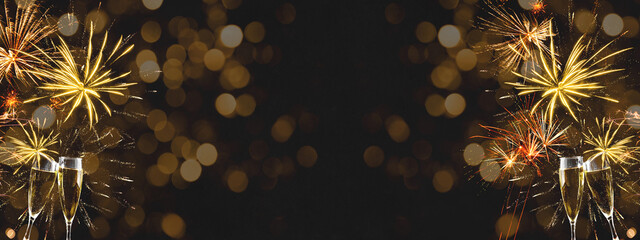 HAPPY NEW YEAR 2022 - Festive silvester background panorama banner long - Golden yellow firework...