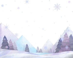 北欧風オシャレな山のある水彩画、冬の木々と雪の結晶のベクター白バックフレームイラスト素材
