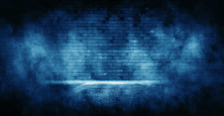 Neon blue light on neon brick wall.	
