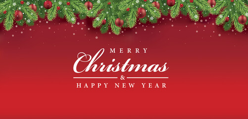 Merry Christmas greeting card on red background with traditional decorations	
