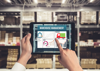 Warehouse management innovative software in computer for real time monitoring of goods package...