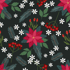 Christmas floral seamless pattern. Flat vector cartoon design