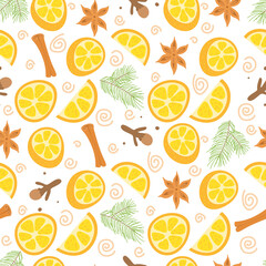 Christmas and New Year seamless pattern with fir branches, cinnamon,oranges, anise stars, and cloves. Christmas decoration. Stock vector illustration on a white background.