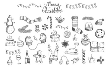 Hand drawn sketch Merry Christmas and Happy New Year set. Big set of Christmas design doodle elements