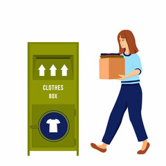 A girl carries a cardboard box with old things. Female character near big clothing donation container. Clothes recycling concept. Social care and charity design. Illustration in flat style.
