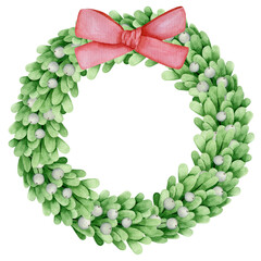 Fototapeta premium Watercolor mistletoe hand drawn wreath. Christmas door hanger illustration. Isolated clipart element on white background.