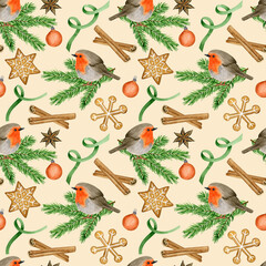 Robin bird on a fir branch. Winter watercolor seamless pattern