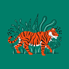 An orange tiger in tropical foliage. Flat style, contour, doodle, hand-drawn. Vector illustration.