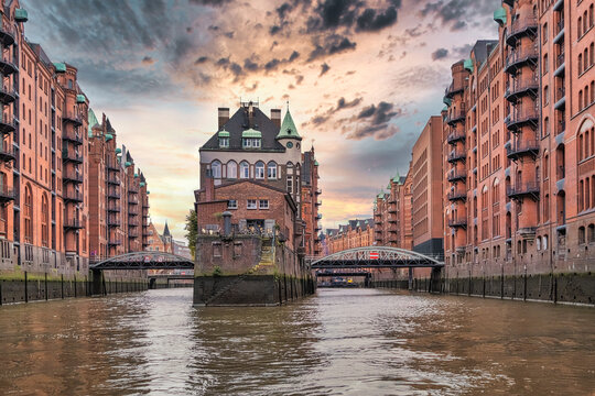 Canals and warehouses in Speicherstadt of Hamburg, Germany