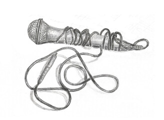 Microphone isolated on a white background. Graphic sketch. Drawn with a simple pencil.