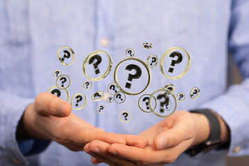 Businessman solving problem with digital question marks 3D rendering