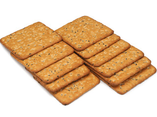 Several delicious crackers on white background, top view