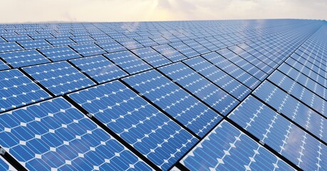 Solar Panels farm or solar call farm on green hills field and blue sky background .energy and eco...